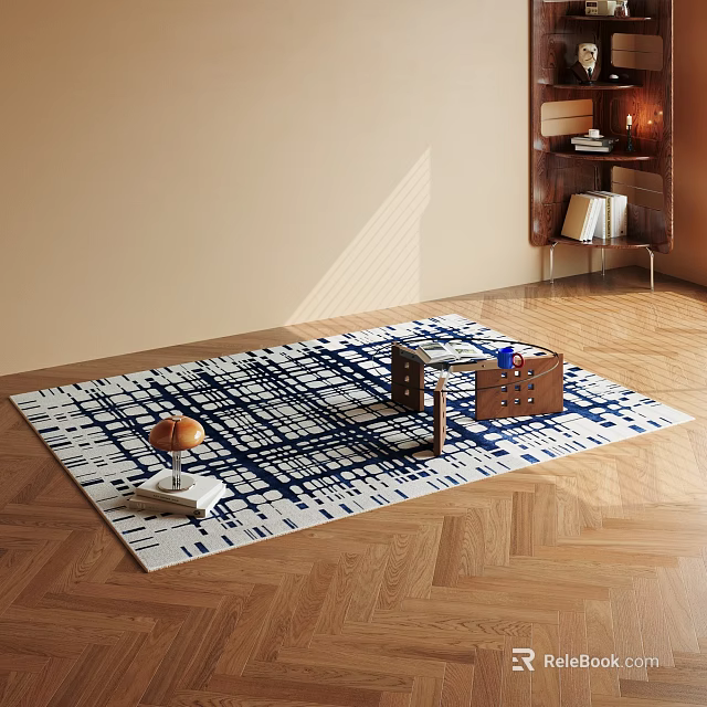Square Rug With Blue White Geometric Lines On Herringbone Wooden Floor With Side Table Lamp 3d model 