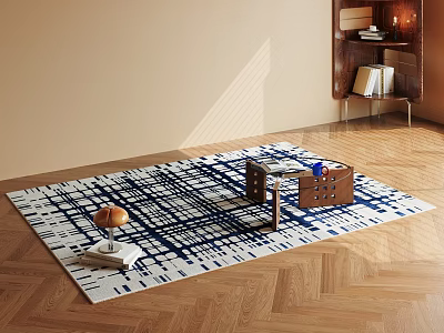 Square Rug With Blue White Geometric Lines On Herringbone Wooden Floor With Side Table Lamp 3d model