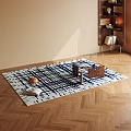 Square Rug With Blue White Geometric Lines On Herringbone Wooden Floor With Side Table Lamp