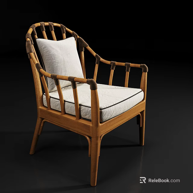 Elegant Minimalist Wooden Armchair With Slatted Back Armrests And White Fabric Cushion 3d model 