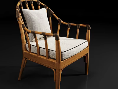 Elegant Minimalist Wooden Armchair With Slatted Back Armrests And White Fabric Cushion 3d model