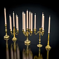 Brass Candle Holders With Multiple And Single Arms On Black Background With Reflections 3d model
