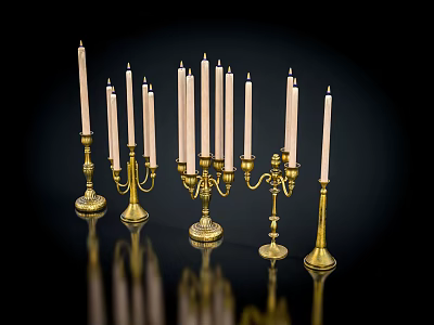 Brass Candle Holders With Multiple And Single Arms On Black Background With Reflections 3d model