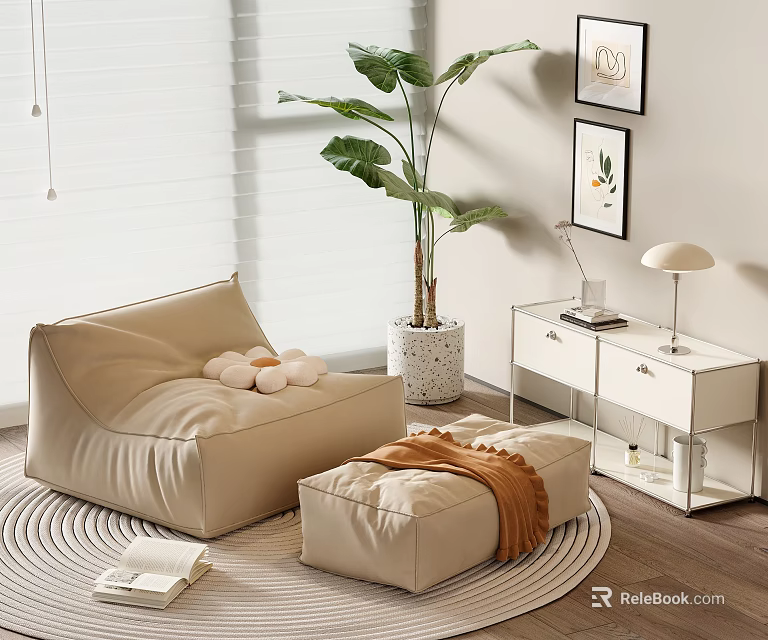 Cozy Beige Lazy Sofa with Ottoman Brown Throw Blanket Green Plant and Woven Rug 3d model 