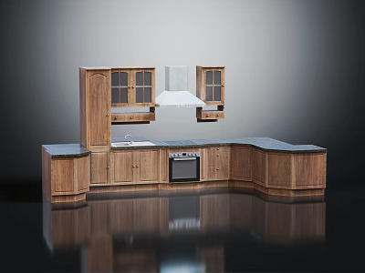 Wooden L shaped Kitchen Furniture With Glass Door Cabinets Range Hood Countertop Sink And Built in Oven 3d model