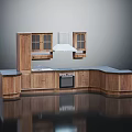 Wooden L shaped Kitchen Furniture With Glass Door Cabinets Range Hood Countertop Sink And Built in Oven