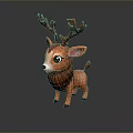 Cartoon Style Cute Brown Deer Toy Figure With Big Eyes And Antlers On Dark Background