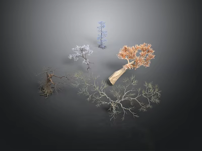 Various Forms of Trees Including Withered Orange Leaf and Blue Plants on Dark Background 3d model