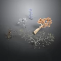 Various Forms of Trees Including Withered Orange Leaf and Blue Plants on Dark Background