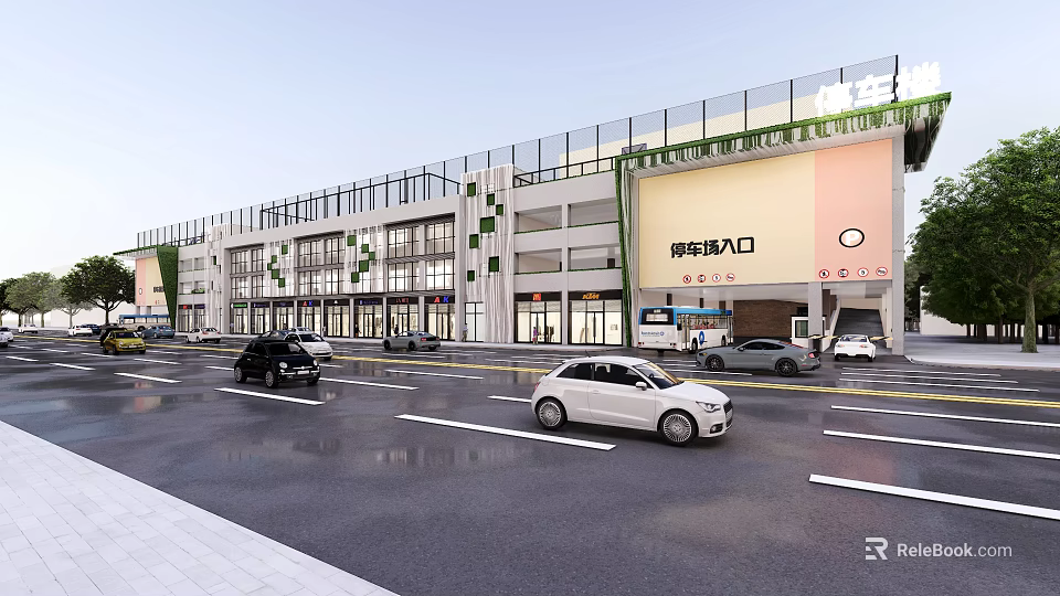 Modern Commercial Street With Glass Curtain Walls And Parking Entrance Area 3d model 