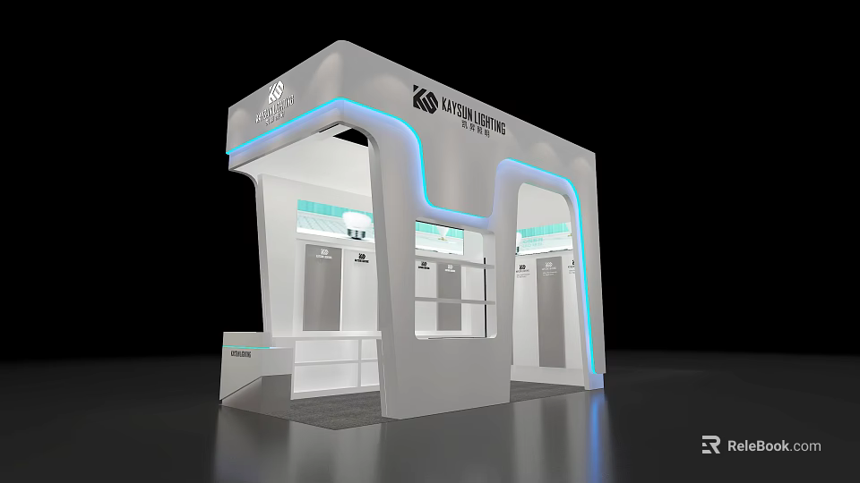 Modern Mall Kiosk Design Featuring White Structure Blue Lighting And Display Cabinets 3d model