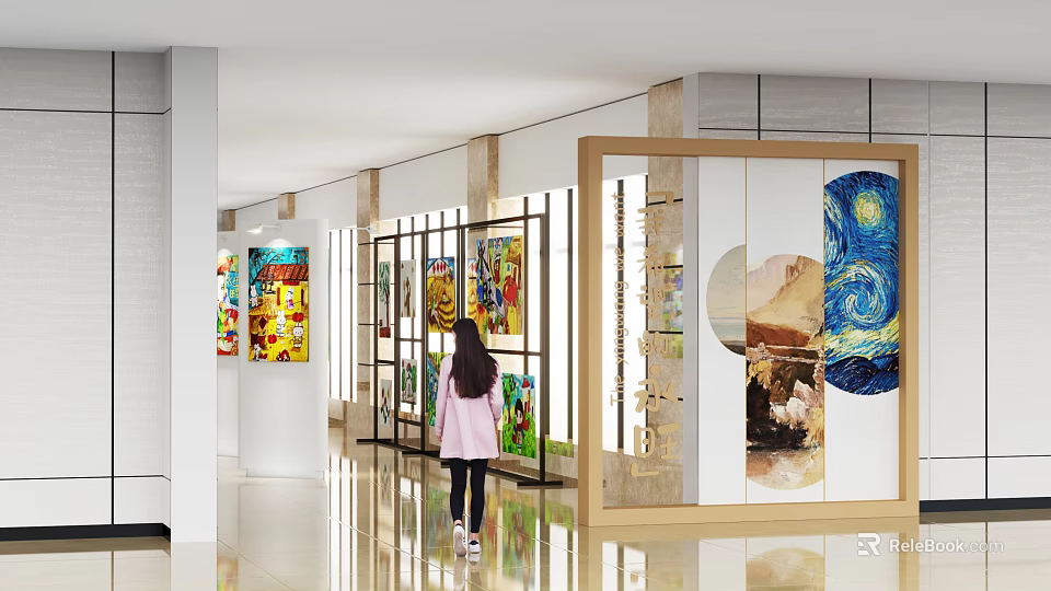 Modern Exhibition Hall Interior With Walking Girl Colorful Paintings Smooth Floor Open Layout Glass Partitions 3d model 