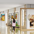 Modern Exhibition Hall Interior With Walking Girl Colorful Paintings Smooth Floor Open Layout Glass Partitions