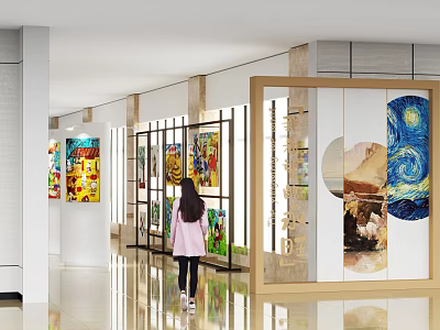 Modern Exhibition Hall Interior With Walking Girl Colorful Paintings Smooth Floor Open Layout Glass Partitions 3d model