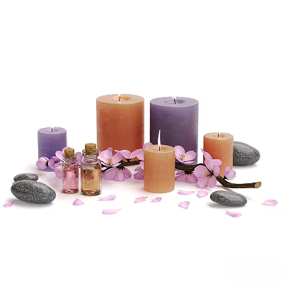 Decorative Ornament Set With Colored Candles Perfume Bottles Cherry Blossom Branches Stones And Flower Petals 3d model