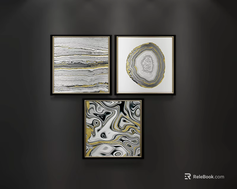 Abstract Paintings With Black Frames Gold Accents And Marble Like Patterns On Dark Wall 3d model