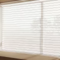 White Horizontal Window Blinds In Home Interior With Natural Light And Tree View