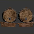 Traditional Wooden Barrels With Metal Hoops On Wooden Stand For Storage