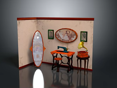 Vintage Room Corner Featuring Old Sewing Machine And Gramophone With Decorative Mirrors 3d model