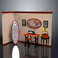 Vintage Room Corner Featuring Old Sewing Machine And Gramophone With Decorative Mirrors