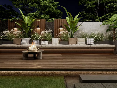 Stylish Outdoor Sofa With Cushions And Fire Pit On Wooden Deck With Green Plants 3d model