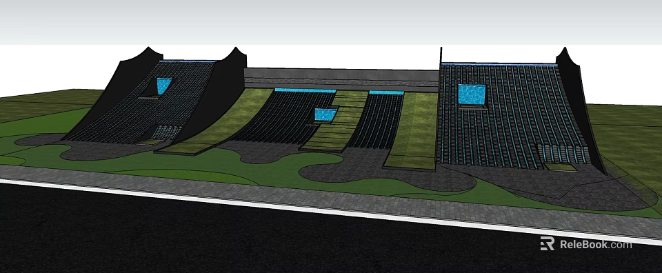 Landscape Garden Design Featuring Green Lawn Steps Water Features Paved Areas and Roof Structures 3d model 