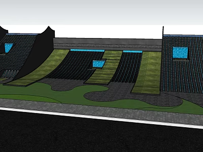 Landscape Garden Design Featuring Green Lawn Steps Water Features Paved Areas and Roof Structures 3d model