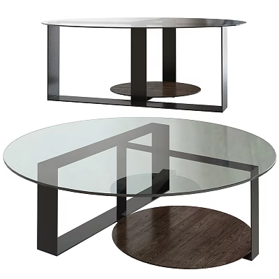 Modern Round Coffee Table With Glass Top Metal Frame And Wooden Shelf 3d model