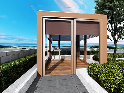 Modern Garden With Wooden Pavilion Glass Roof Stone Path And Lush Greenery 3d model