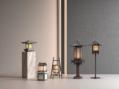 Traditional Japanese Decorative Lanterns With Marble And Wooden Bases For Interior 3d model