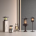 Traditional Japanese Decorative Lanterns With Marble And Wooden Bases For Interior