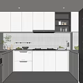Modern Kitchen Interior With White Cabinets White Tile Backsplash And Black Refrigerator