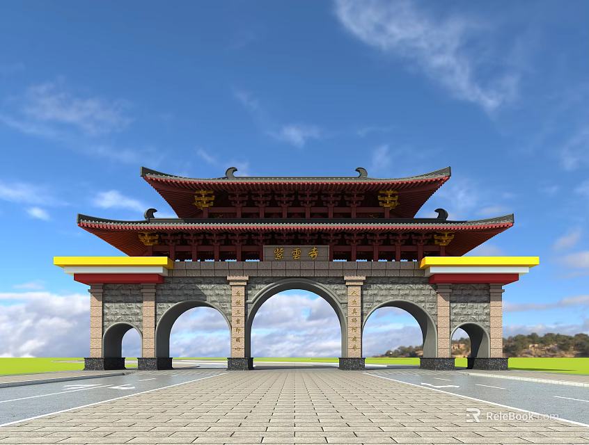 Traditional Chinese Memorial Archway With Multi tiered Roof Intricate Carvings And Archways Under Blue Sky 3d model 