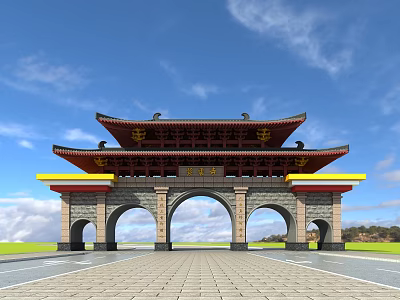 Traditional Chinese Memorial Archway With Multi tiered Roof Intricate Carvings And Archways Under Blue Sky 3d model