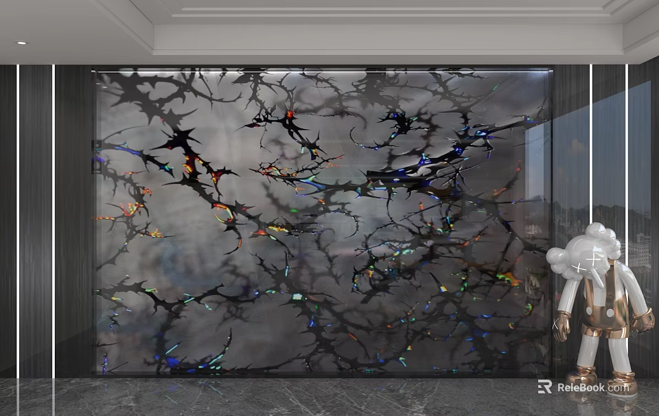 Black Marble Background Wall With Colorful Branch Patterns And Decorative Sculpture In Modern Interior 3d model 
