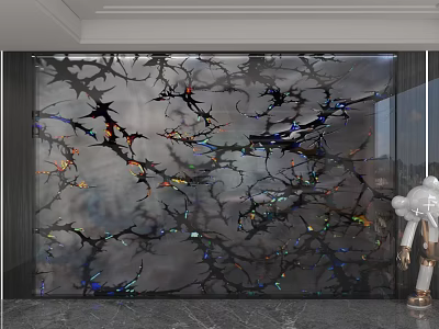 Black Marble Background Wall With Colorful Branch Patterns And Decorative Sculpture In Modern Interior 3d model