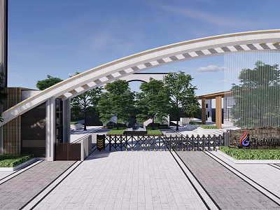 Main Entrance Gate with Arch Structure and Landscaped Trees Around Paved Driveway 3d model