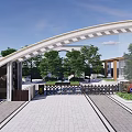 Main Entrance Gate with Arch Structure and Landscaped Trees Around Paved Driveway