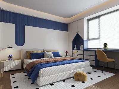 Modern Kids Bedroom With Blue Decor Bed Desk Chair And Rug 3d model