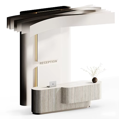 Modern Reception Desk Design With White Counter Gold Accents Laptop And Decorative Plant 3d model