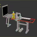 Laptop On White Stand With Beverage Bottle And Red Electronic Keyboard