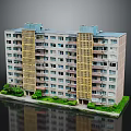 Multi Storey Residential Building With Windows Balconies Yellow Vertical Strips And Green Plants