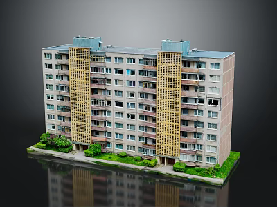 Multi Storey Residential Building With Windows Balconies Yellow Vertical Strips And Green Plants 3d model