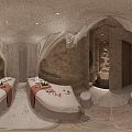 Spa Sauna Room Interior With Massage Bed White Canopy And Aromatherapy Elements