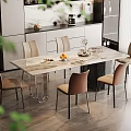 Modern Dining Room With Marble Table Chairs Fruits Tableware And Green Plants