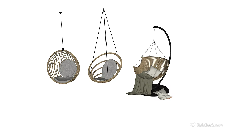 Stylish Rattan Hanging Chairs With Various Designs Round Shape Curved Stand And Cushions 3d model 