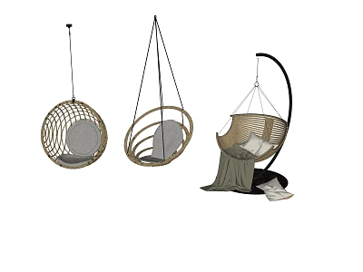 Stylish Rattan Hanging Chairs With Various Designs Round Shape Curved Stand And Cushions 3d model