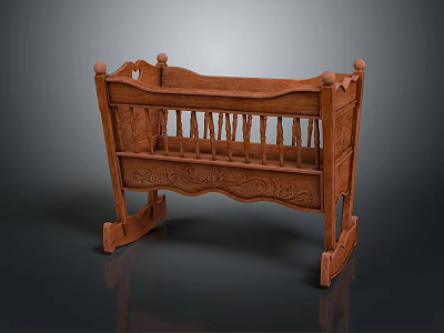Classic Wooden Baby Crib With Traditional Carved Details And Curved Rails 3d model