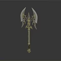 Mythical Double Bladed Axe With Ornate Metal Design And Spiked Blades