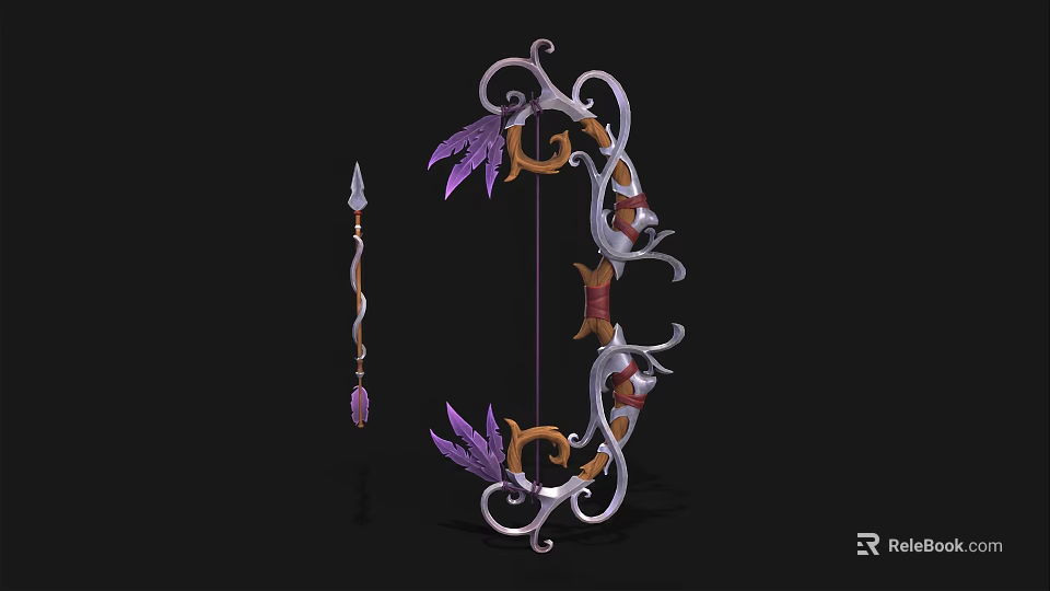 Ornate Bow With Purple Feathers Gold Silver Design And Curved Decorations 3d model 